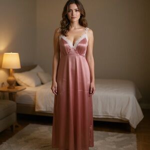 SHEIN Elegant Curvy Sleeveless with Cream Lace Nightgown in Rose Pink Size 2X